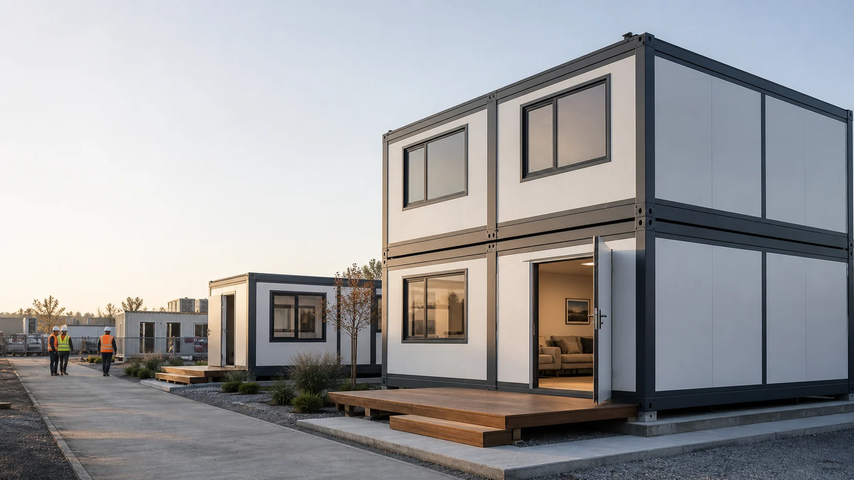 Completed modular container house project at sunrise