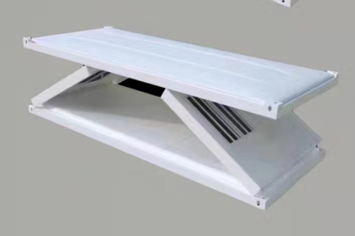Folding roof and floor mechanism shown during deployment