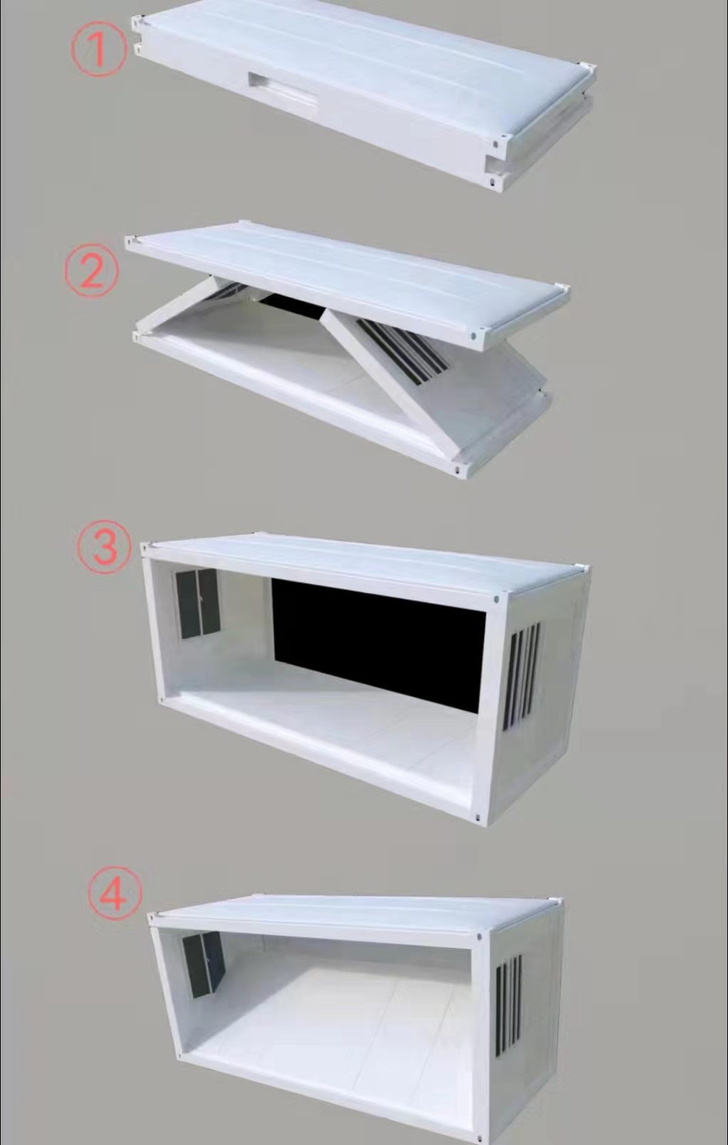 Sequence showing folded, opening and fully deployed room positions